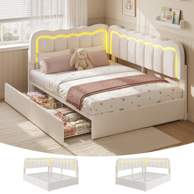 Lit de jour double avec barrière de sécurité et tête de lit en velours, cadre de lit d'angle en métal avec 2 tiroirs de rangement et ports USB, cadre de lit double pour filles, tête de lit réglable en hauteur, blanc