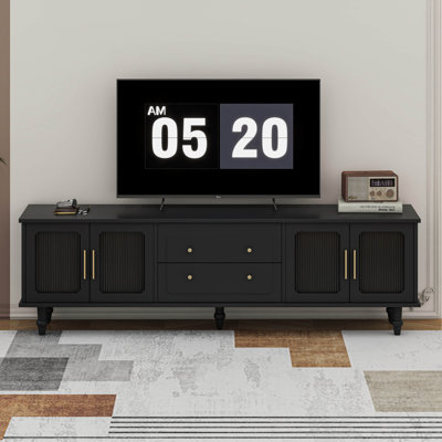 Meuble télé rétro avec portes en verre cannelé, console multimédia pratique avec 2 tiroirs et armoires