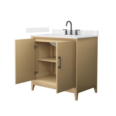 Janna 36 Inch Single Bathroom Vanity in White Oak, Carrara Cultured Marble Countertop, Undermount Square Sink (3-Hole), Matte Black Trim
