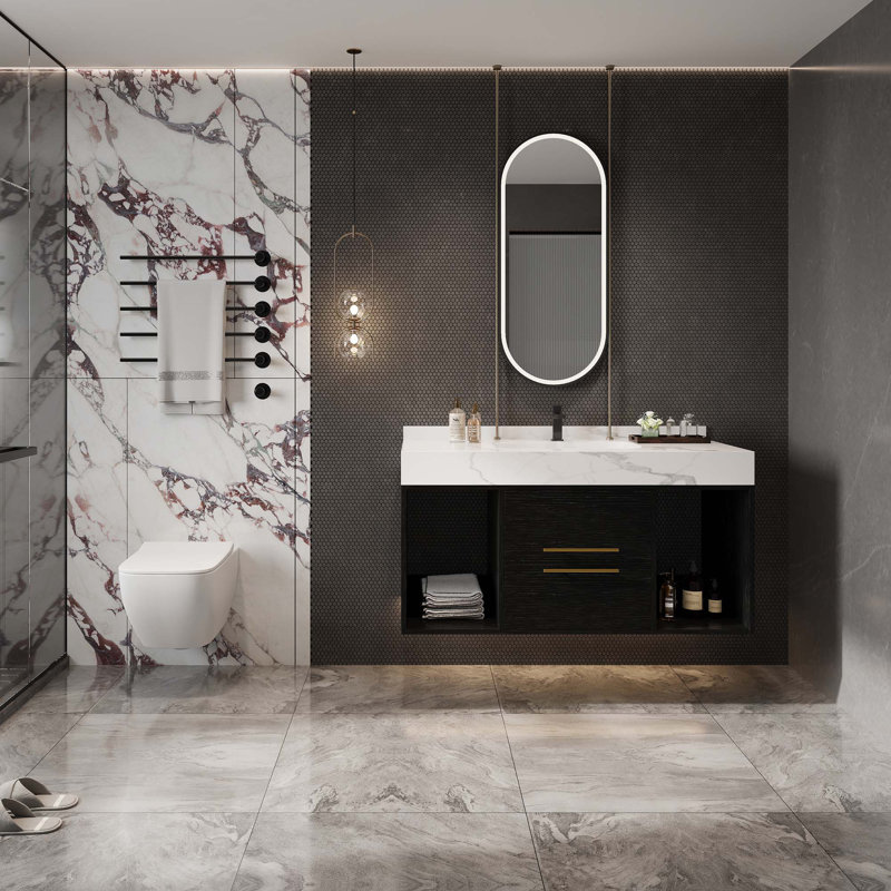 Meuble-lavabo flottant avec lavabo en céramique, 2 tiroirs muraux à fermeture en douceur et plateau blanc