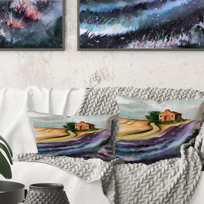 Coussin Lavender Field With A Small House, 16 po x 16 po