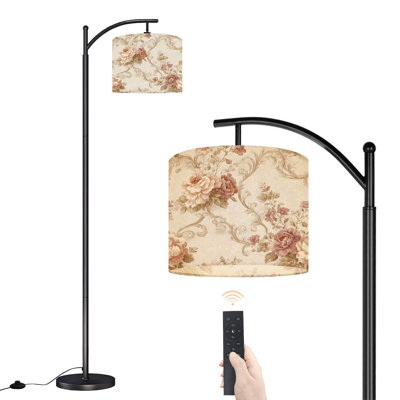 Arc Floor Lamp with Adjustable Lampshade Vintage Floral Blush Roses Ornate Beige Scrollwork Standing Lamp 3 Color Temperatures Dimmable Tall Pole Lamp with Foot Switch for Bedroom