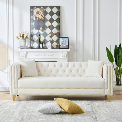 Modern Chesterfield Style Sofa With Button Nailhead, Deep Seat And Square Arms, Ideal For Living Room, Bedroom Or Office