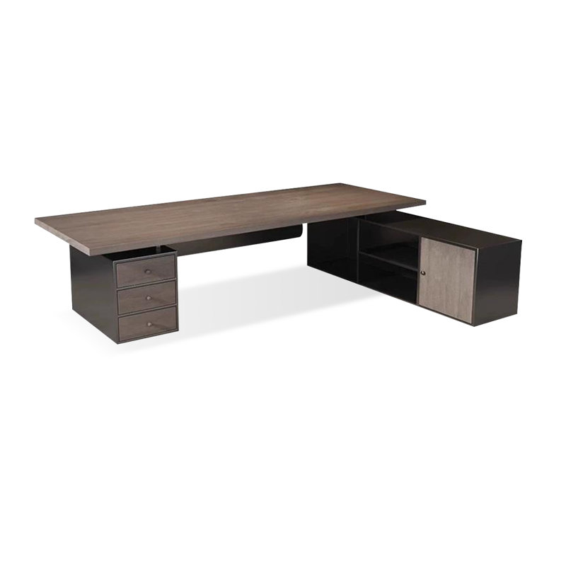 Bureau brun clair + bois massif rectangulaire noir + bureaux en fer, Retour à droite, H 29,53 po x l 102,36 po x P 35,43 po