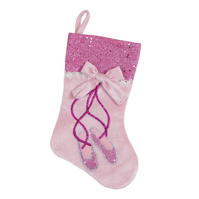 Chaussette de Noël 14 po avec ballerines roses et argentées avec manchette et nœud scintillants