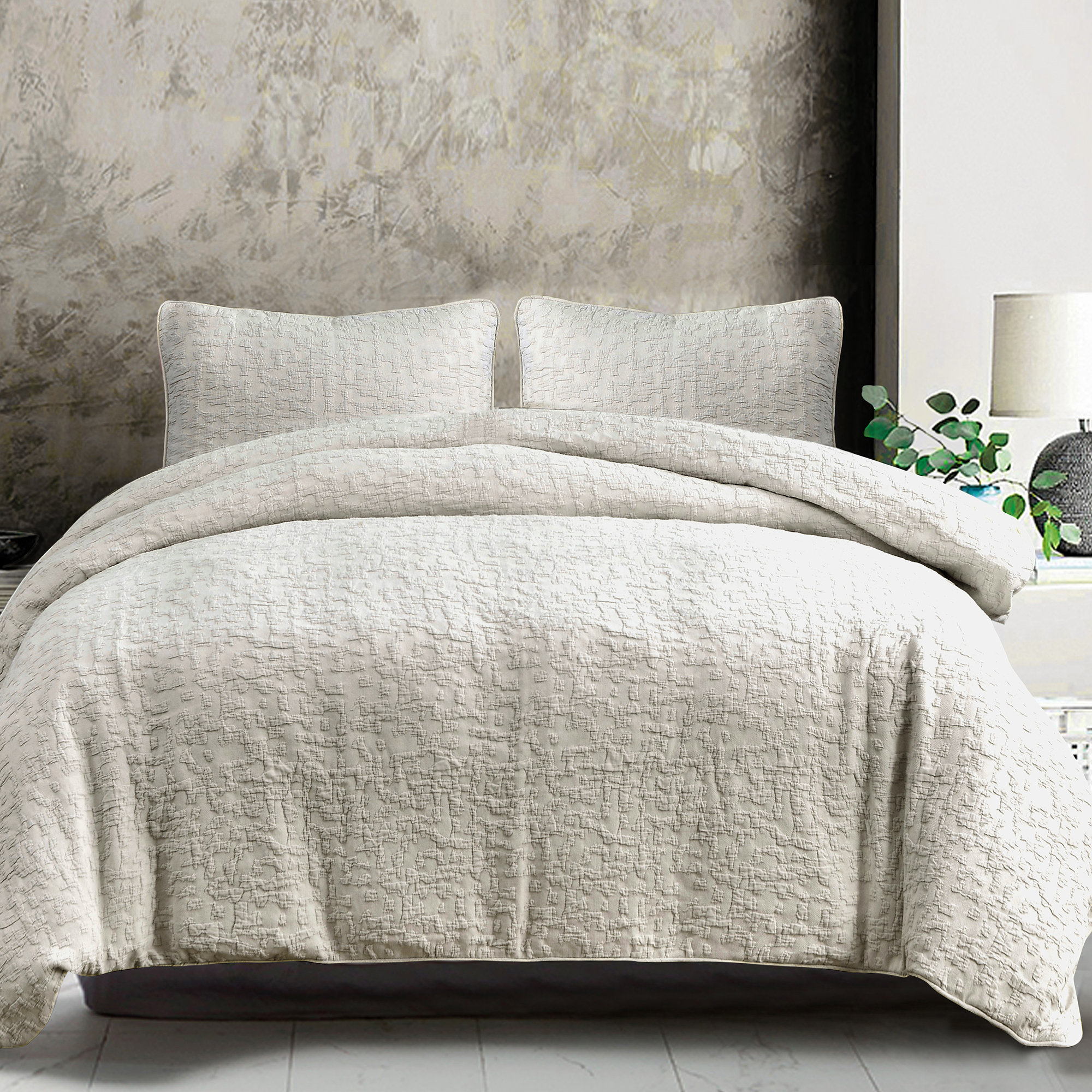Bloomville Porto Matelassé Abstract Design Classic Chic 3 Piece Duvet Cover Set, King Duvet Cover + 2 King Shams, Taupe
