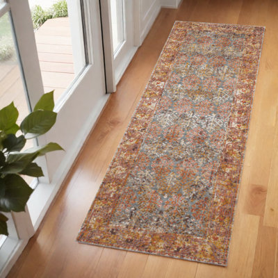 7' Teal And Orange Medallion Distressed Runner Rug
