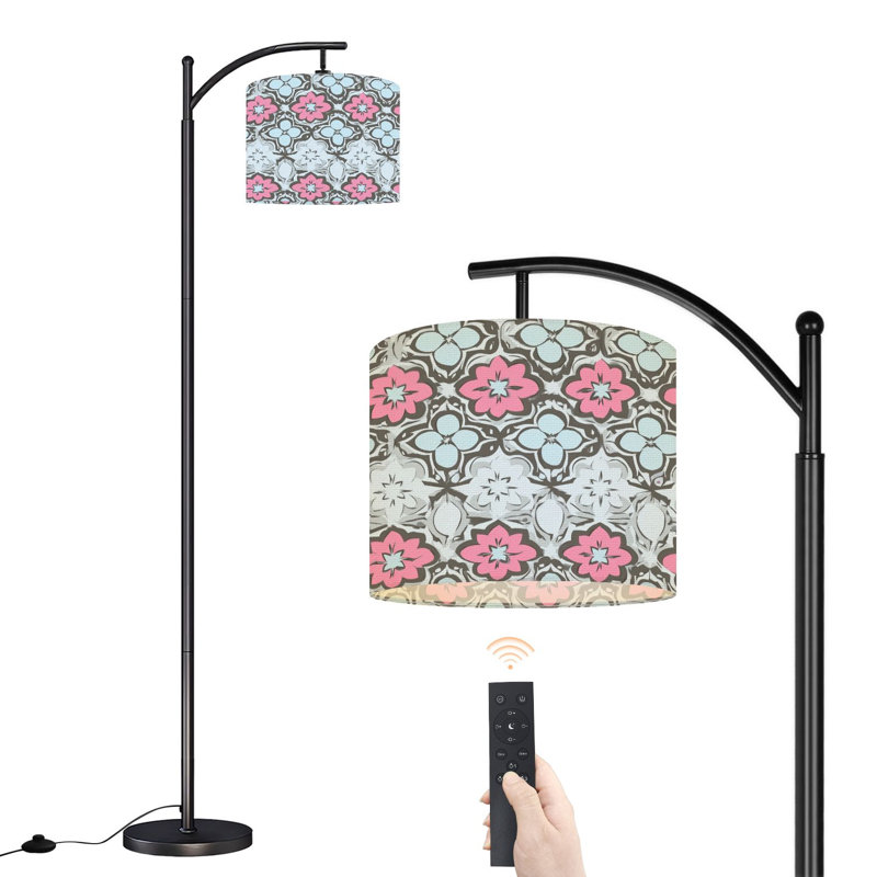 Lampe sur pied à arc avec abat-jour réglable floral rose clair bleu clair Lampe sur pied 3 températures de couleur à haut gradateur avec interrupteur au pied pour la chambre à coucher