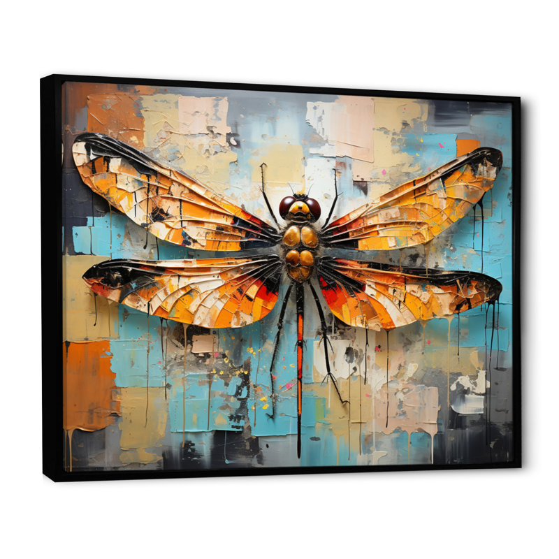 «Orange Dragonfly Insectes Flight Collage I», reproduction sur toile, H 24 po x l 32 po x P 1 po, Cadre flottant noir