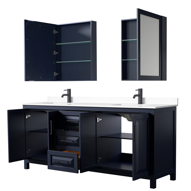 Daria 80'' W Double Vanity, Brushed Gold, Carrara Cultured Marble, Dark Blue