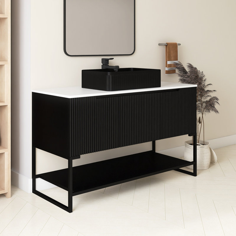 Meuble-lavabo autoportant 48 po avec comptoir en pierre frittée blanche et lavabo en céramique