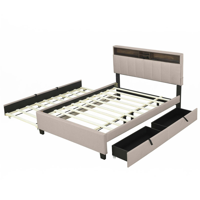 Lit plateforme tapissier avec tête de lit à rangement, Beige