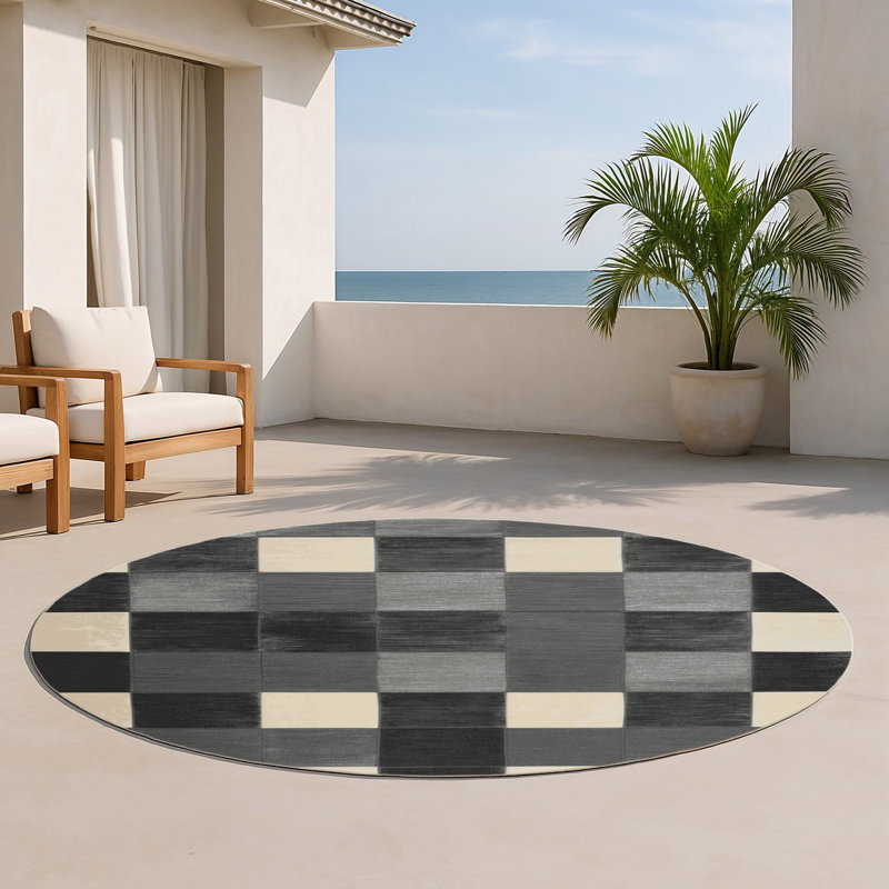 Tapis d'intérieur et d'extérieur à carreaux brun, Rond 5 pi