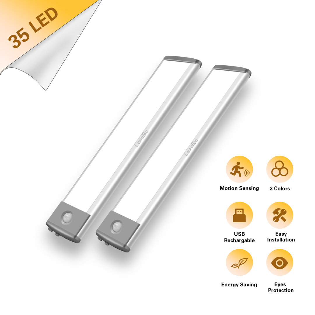 LEPOTEC 8.03Inch 35 LED 3 Colors Wireless Rechargeable Motion Sensor Cabinet Light (Set of 2) Lepotec