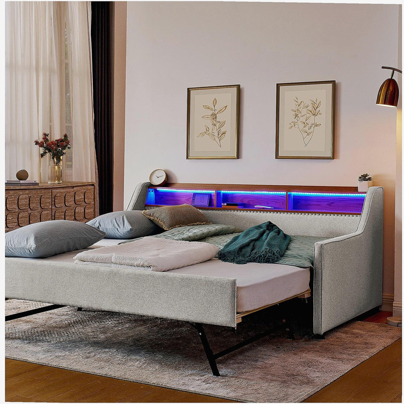 Canapé-lit simple rembourré avec trois lumières DEL, tête de lit réglable avec rangement, lit gigogne escamotable à pieds et charge sans fil, cadre de canapé-lit rembourré en lin