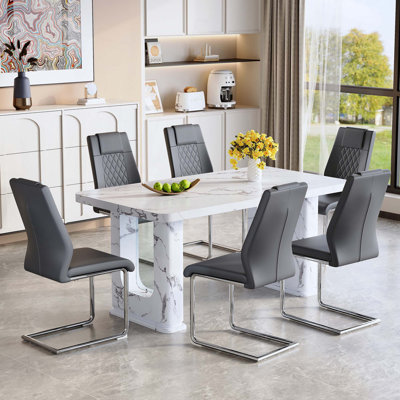 Table and Chair Set.Stylish Marble Textured Dining Table,Perfectly Blending Simplicity and Transparency.Paried With 6 High-Quality Chairs With Arched Metal Legs