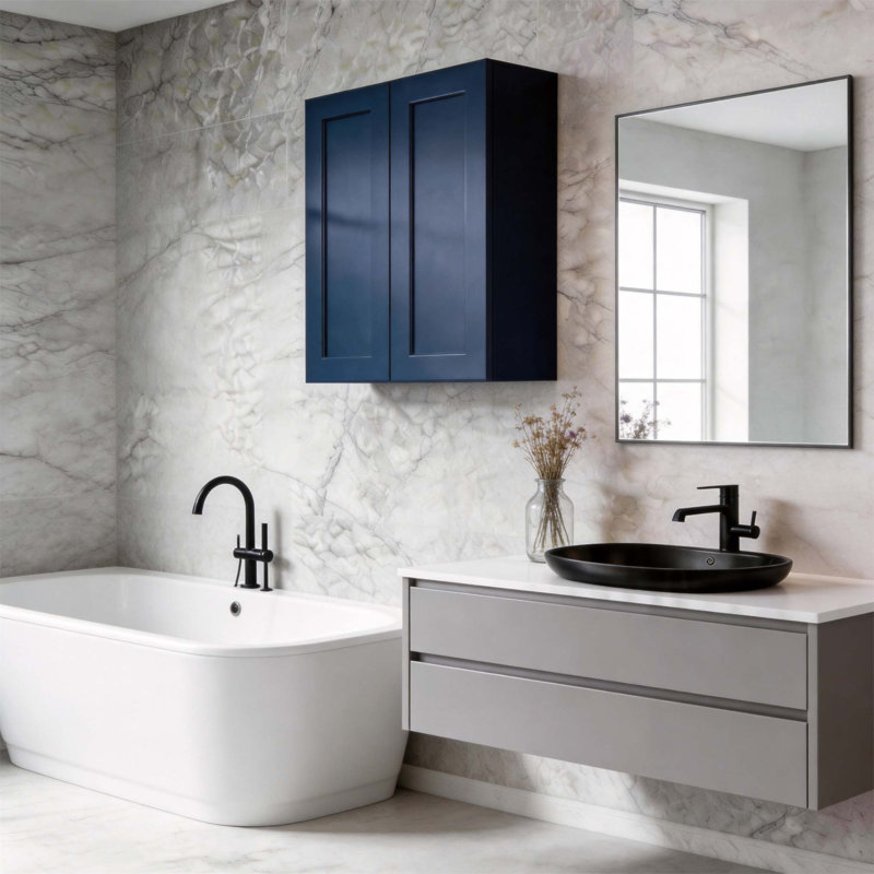 Armoire murale bleu marine de 33 pouces avec tablettes réglables pour un rangement polyvalent et un assemblage facile
