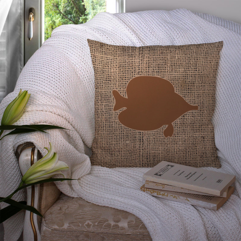 Coussin décoratif intérieur/extérieur en toile jute Tang Fish, H 14 po x l 14 po x P 4 po, Brun