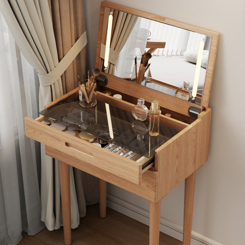 Solid Wood Makeup Vanity, Flip‑Top Lighted Mirror, Glass Tabletop, 3‑Mode Adjustable Brightness, Easy Assembly, Tan