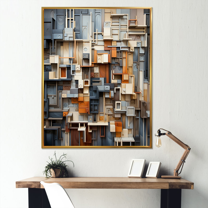 Abstrait taupe, bâtiment I, sur toile, H 44 po x l 34 po x P 1,5 po, Cadre flottant doré