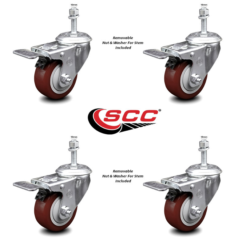 Polyurethane Swivel 10mm Stem Caster Set with Total Lock Brake