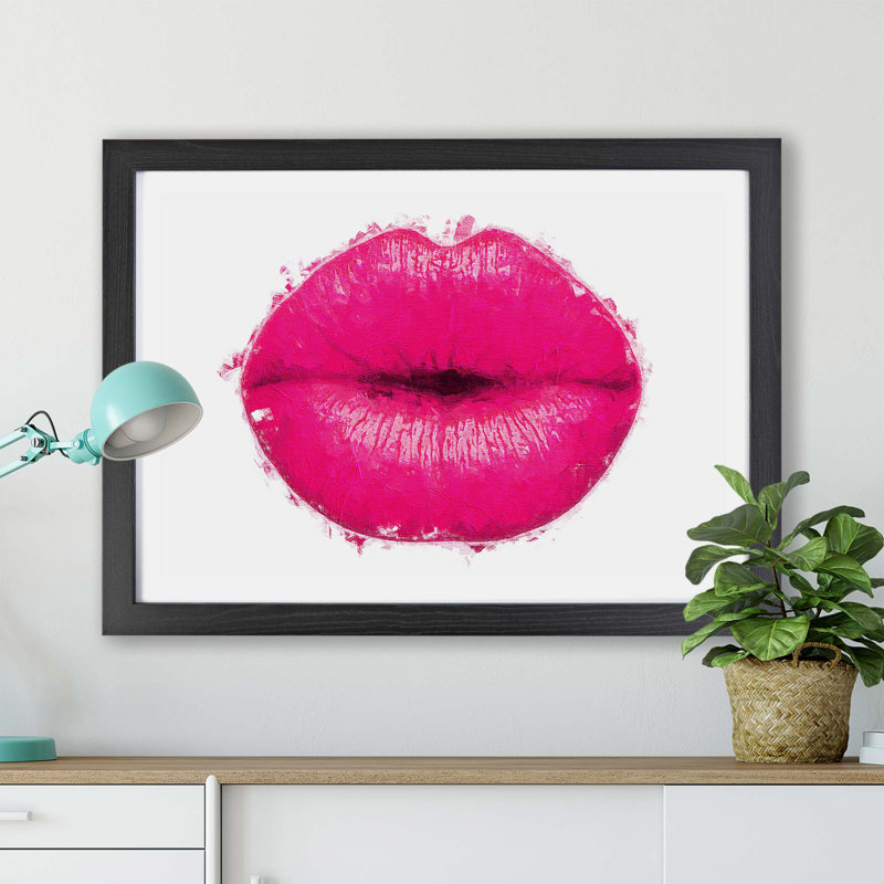 Hot Pink Lips In Abstract - Painting, 33cm H x 45cm W x 2cm D, Black Framed Paper