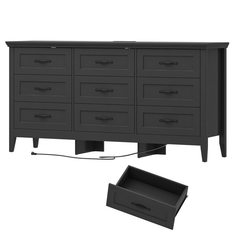 Commode 9 tiroirs avec station de charge Johneka, Noir