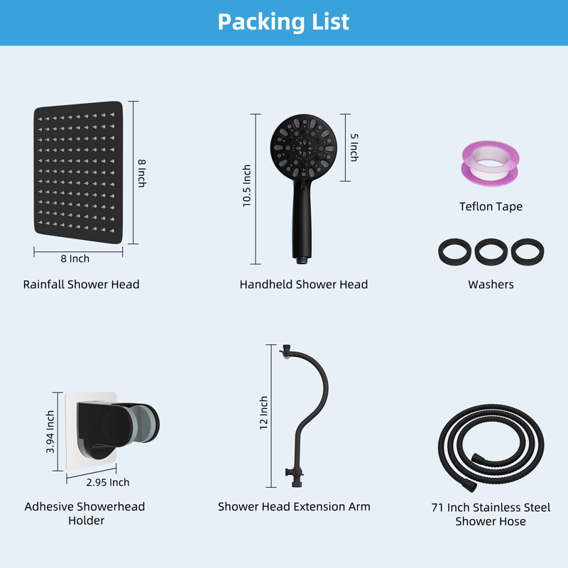 Matte Black 12'' High Pressure Rainfall Shower Head Combo
