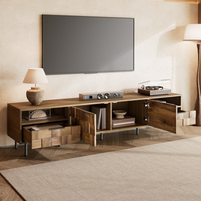Meuble télé Mid-Century 78,7 po pour téléviseur de 85 po ou moins, meuble multimédia avec armoire de rangement, tablette ouverte et 2 tiroirs