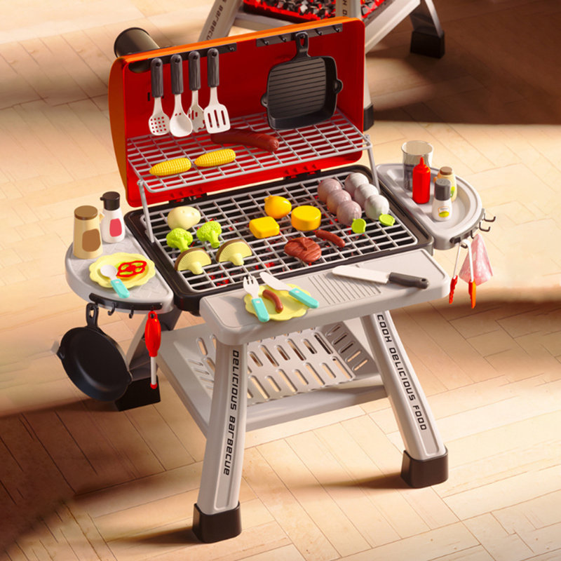 Mini Kitchen Toys BBQ Grill Set with Smoke Sound Light Effects Kids Pretend Play Food Toy