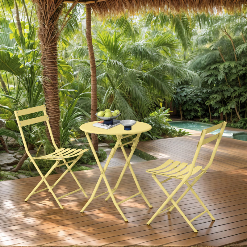 Iron Table And Folding Chair Set,2 - Person Round Outdoor Dining Set, Yellow
