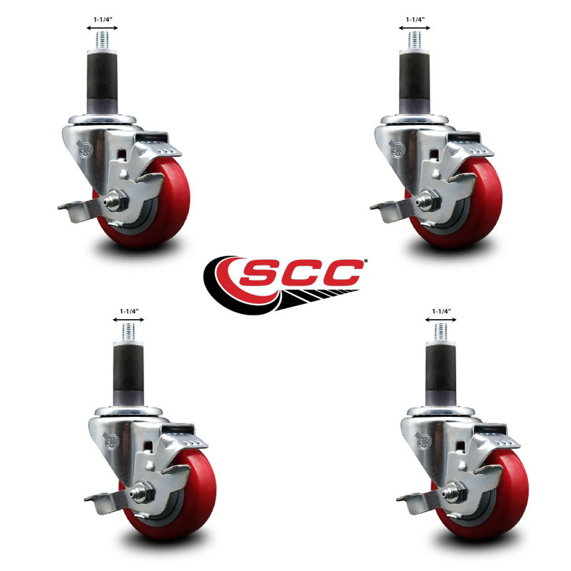 Ensemble de roulettes extensibles en poly pivotant rouge de 3 pouces 1-1 / 4 pouces avec frein SCC