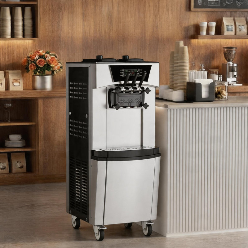 Machine à crème glacée commerciale commerciale, production de 22 à 30 L / H, saveurs 2 + 1, trémies doubles en acier inoxydable de 7 L, panneau de commande à DEL, autonettoyante