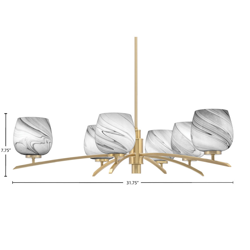 Lustre à 6 lumières kurve au fini laiton nouvel âge avec verre tourbillon onyx de 6 po
