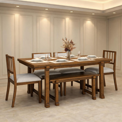 6‑Piece Farmhouse Dining Set, Solid Rubber Wood Frame with Oak Veneer, Dual‑Style Chairs and Bench for Kitchen Dining Room