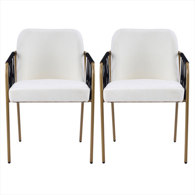 Upholstered Armchair Set with Gold Frame and Black Woven Arms for Dining Room, Beige Fabric, 2-Piece