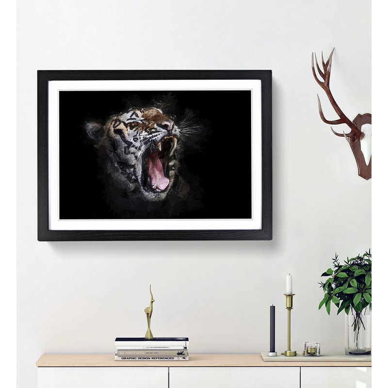 A Yawning Tiger - Framed Print, 24cm H x 33cm W x 2cm D, Black Framed