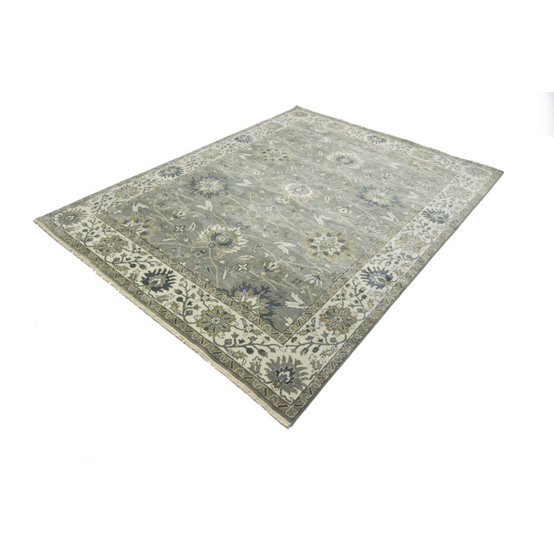 Floral Handmade Hand-Knotted Rectangle 9'1" x 11'10" Wool Area Rug in Cream