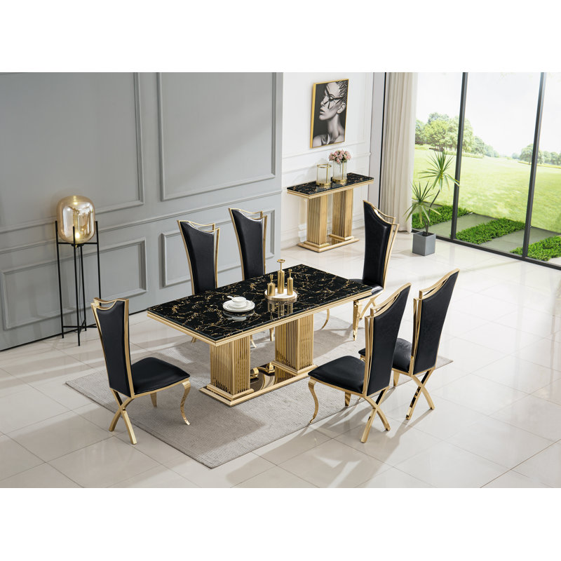 6 - Person Double Pedestal Dining Set, Black, Gold, Black/Gold