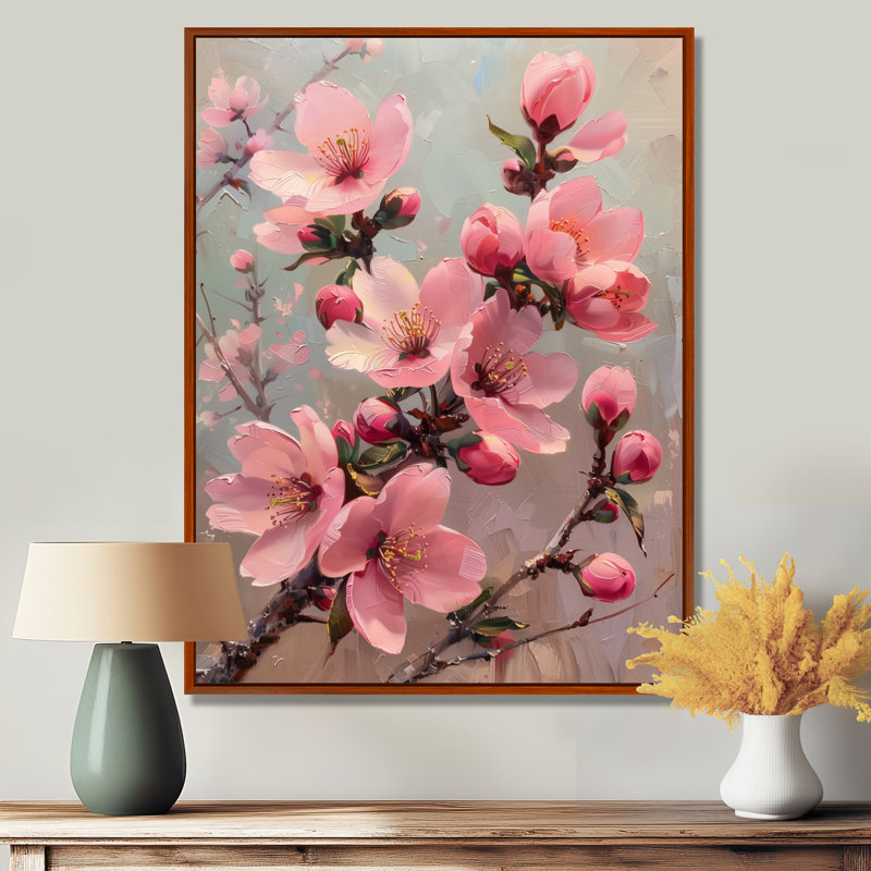 Fleur de cerisier rose et gris, H 20 po x l 12 po, White Floater Framed