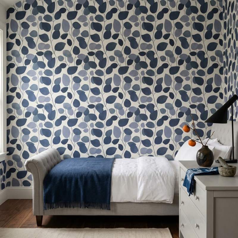 Rouleau double de papier peint botanique mural bleu marine amovible, Peel and Stick