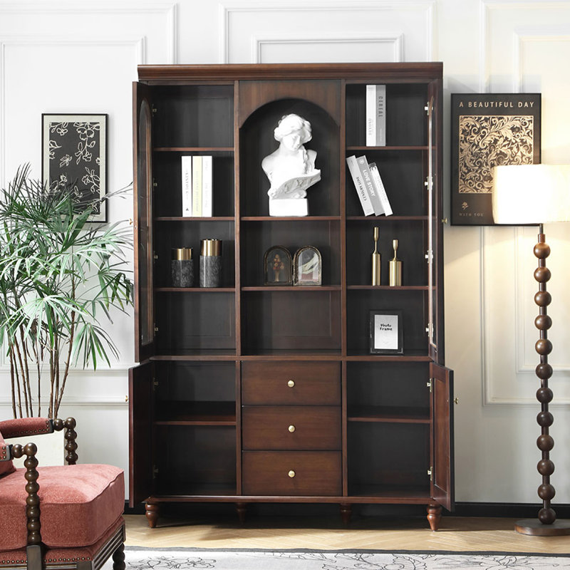 American-Style Vintage Cherry Wood With Glass Storage Three-Door Bookcase