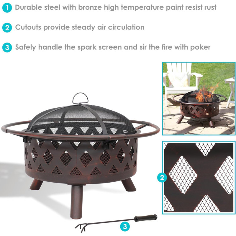 Bronze 30-Inch Crossweave Wood-Burning Fire Pit with Screen and Poker