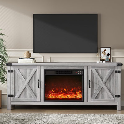 Meuble télé avec deux portes de grange et armoires de rangement pour téléviseur de 65 po ou moins, console de divertissement