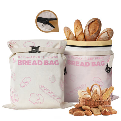 YARRAMATE Beeswax Linen Bread Bags, Reusable Zipper Food Storage Bags, 4 Pack, Freezer Safe Eco Friendly Sourdough Loaf Container(Pink)