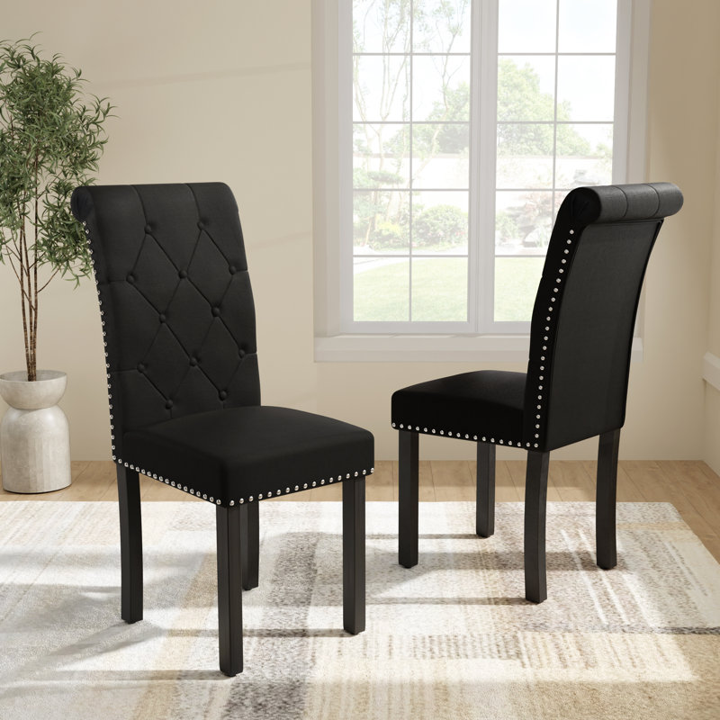 High-End Roll Back Nailhead Upholstered Dining Chairs(Set of 2), Black, 4