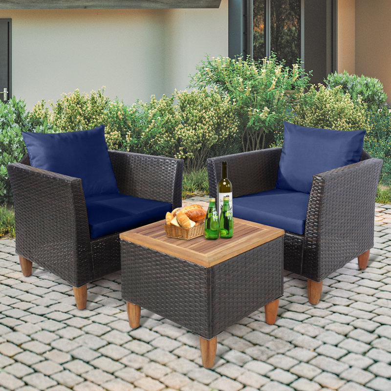 Ensemble de conversation Bjana pour 2 personnes en acacia avec coussins, Marine, Marron foncé