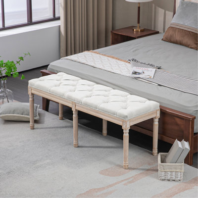 Banc de 46 po pour chambre à coucher de 46 po en blanc crème, rembourré, thème rétro français pour un confort supplémentaire