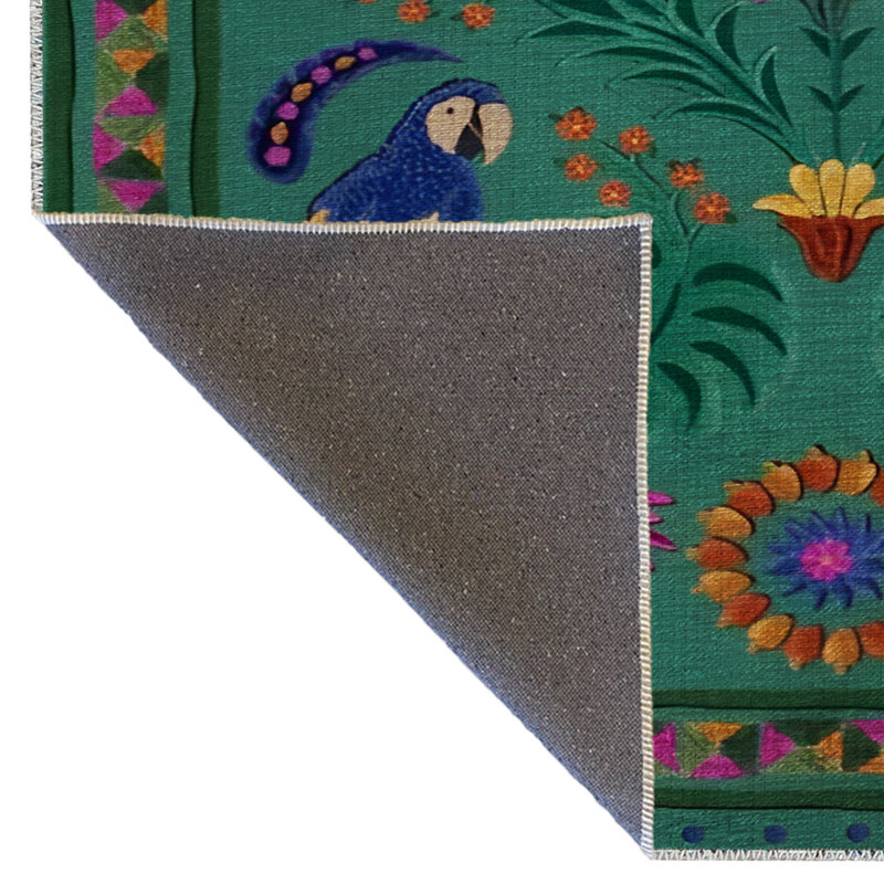 Tapis décoratif moderne vert à motif d'oiseaux et de fleurs, Tapis de couloir 3 pi 9,81 po x 9 pi 10,11 po