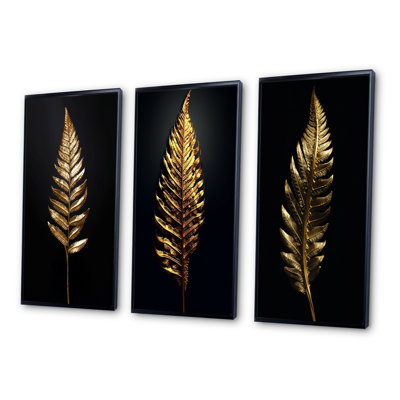 " Golden Fern Leaf On Black V " 3 - Pieces